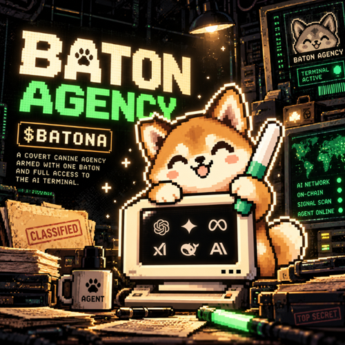 Pixel-art Shiba at a glowing terminal in the Baton Agency office, green baton in paw