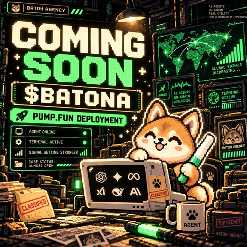 Pixel-art Baton Agency desk with the Shiba mascot, a laptop terminal, and green mission screens