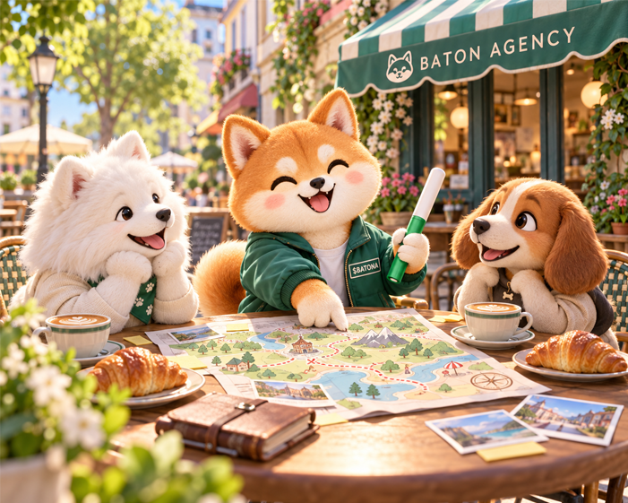 Three dogs sharing a table outside the Baton Agency cafe, map spread between the cups